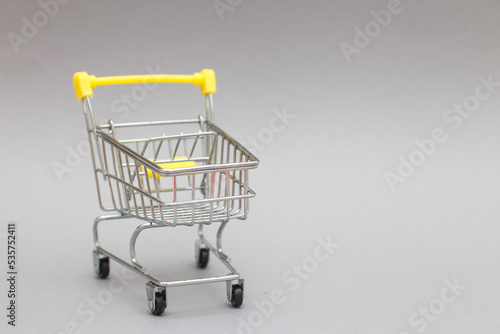 The metal shopping cart on a grey background.