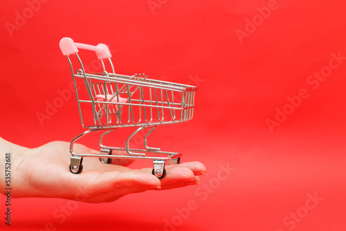 The shopping cart in female hand on red background