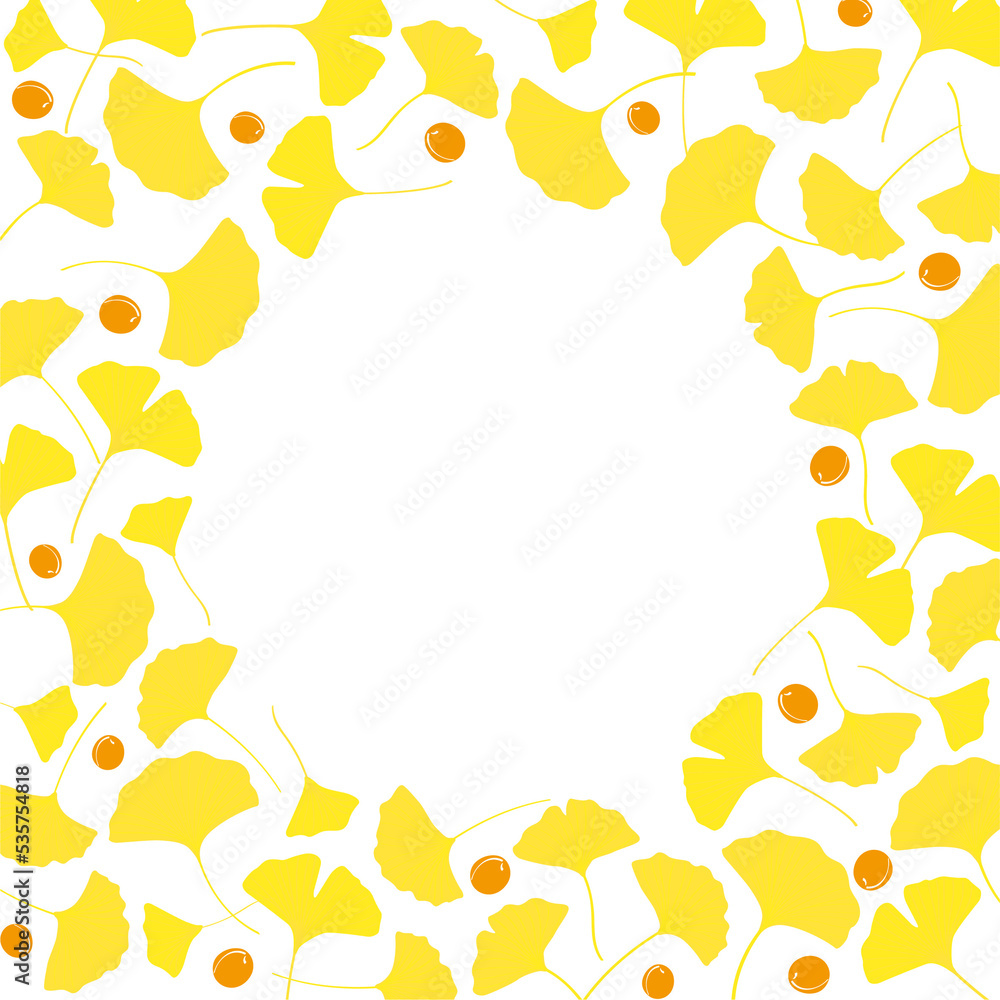 Yellow ginkgo leaves and nuts background frame illustration