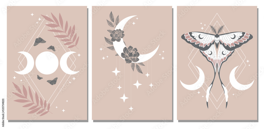 Set of esoteric magic posters. Crescent, moon, stars, floral elements, moth. Spiritual talisman, occultism objects. Boho illustration, pastel colors