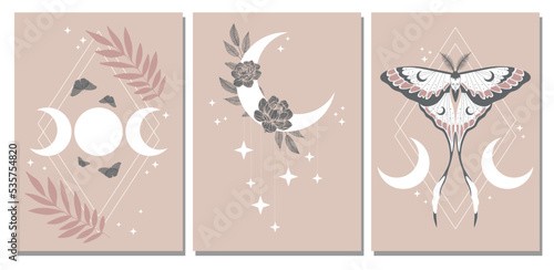 Set of esoteric magic posters. Crescent, moon, stars, floral elements, moth. Spiritual talisman, occultism objects. Boho illustration, pastel colors