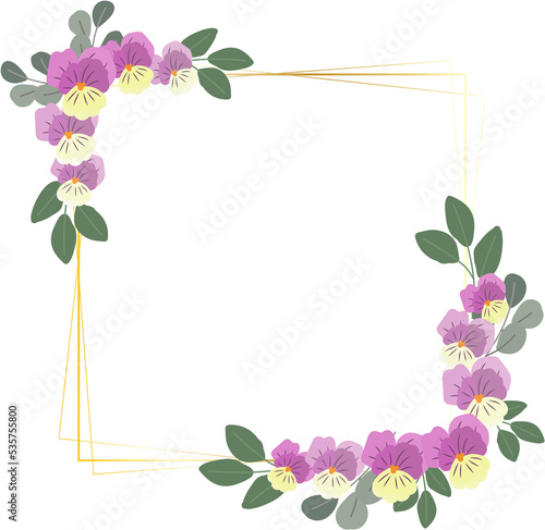 blooming viola or pansy flower wreath with golden frame flat style