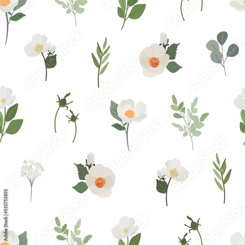 flat style white camellia flower seamless pattern