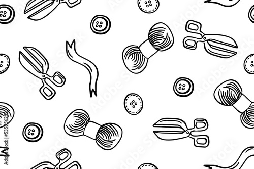 Seamless pattern with hand drawn sewing retro elements. Vector illustration hand drawn sewing tools