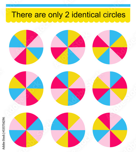 Educational game for kids. Need to find two identical circles. Vector illustration.