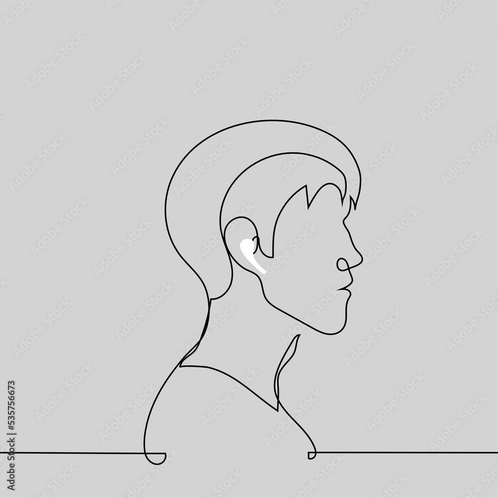 male portrait in profile with wireless white earphone in ear - one line drawing vector. concept music lover in wireless headphones