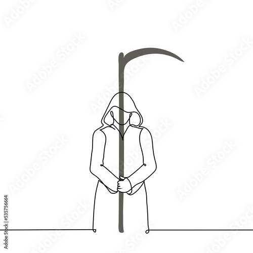 man with a lowered hood in a raincoat stands holding a scythe - one line drawing vector. concept