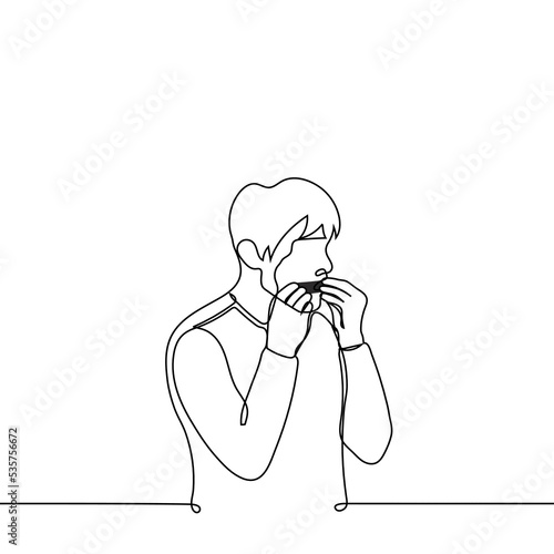 man standing playing harmonica - one line drawing vector