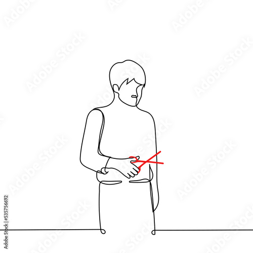man standing with open scissors - one line drawing vector. concept buying new scissors, cutting off excess or a metaphor to cut off or get rid of the past