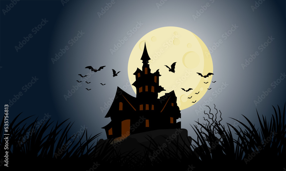Terrifying dark castle on Halloween full moon night. Swarms of bats fly around Dracula's castle towering over the mountains.
