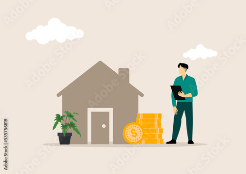 Man counting house price, home insurance cost, property value or rent. Realtor or real estate agent offe, saving and buying apatment. Money and small building, vector illustration concept. photo