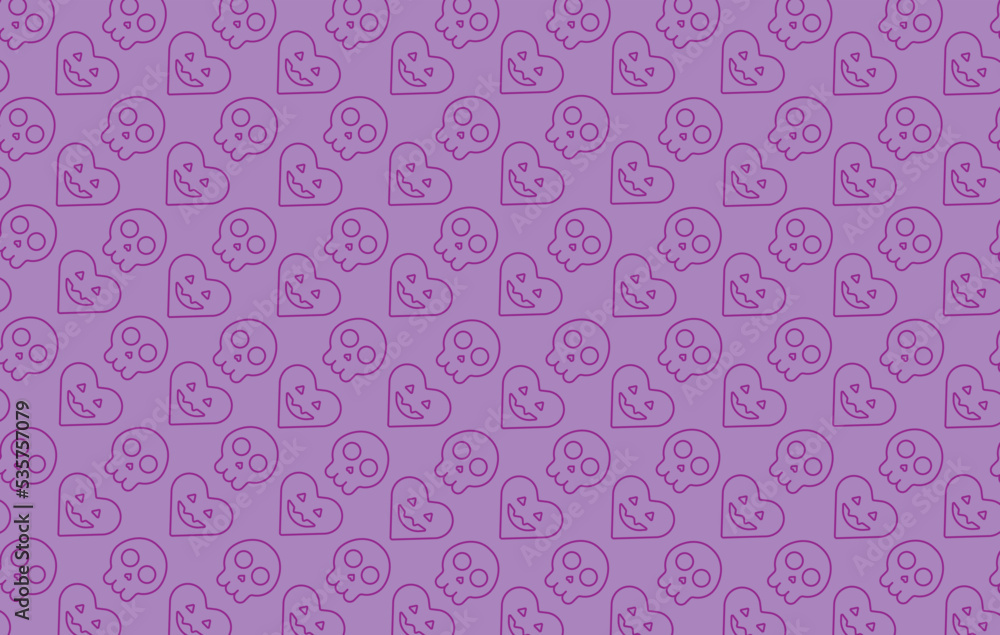 Purple Skulls and Heart Halloween Seamless Pattern. Vector Background