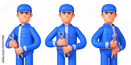 3d render of cheerful repairman or mechanic holding spanner