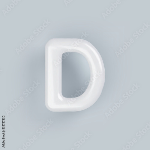 3D White plastic uppercase letter D with a glossy surface on a gray background.