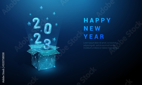 Abstract open gift box and flying numbers 2023