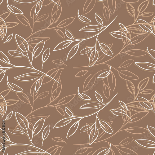 The foliage background is linear. Light lines in the form of foliage on a dark brown background. Seamless pattern of gift wrapping, paper, textiles. Bed linen, wedding invitation.