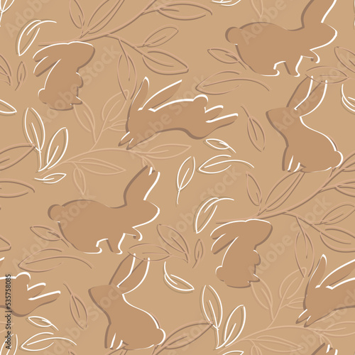 Background of a rabbit outline with leaves. Delicate shades of beige and brown. Suitable for printed products on paper and fabric. Gift wrapping, wrapper, textiles. 