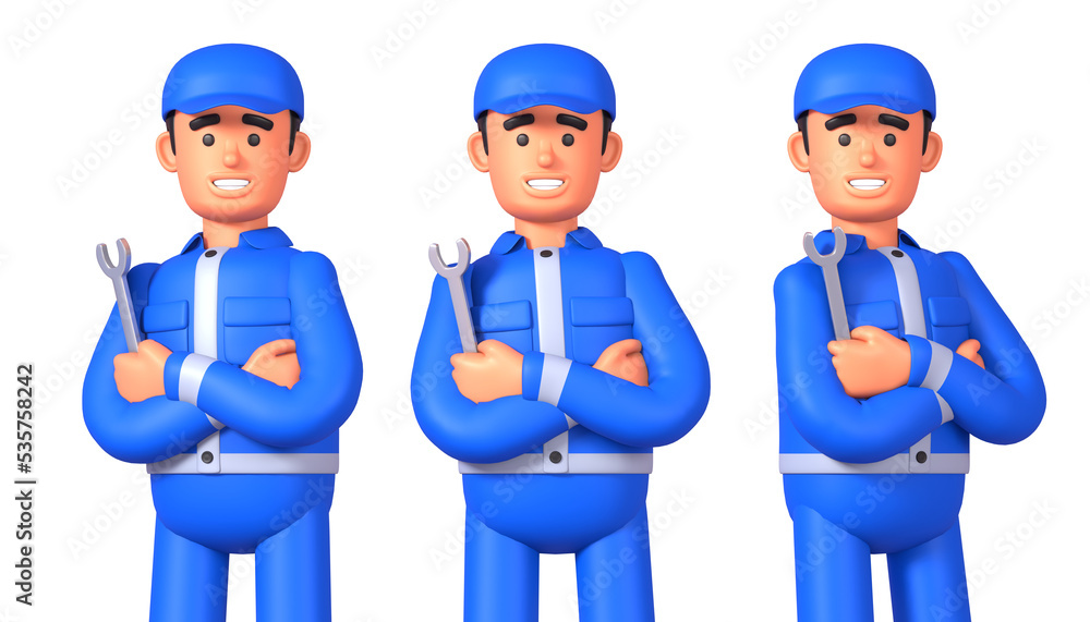 3d render of cheerful repairman or mechanic holding spanner 3d render of cheerful repairman or mechanic holding spanner