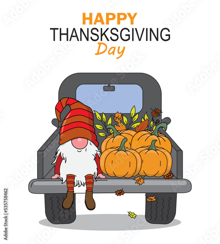 Happy thanksgiving card. Gnomes inside the vehicle with pumpkins. Isolated vector 