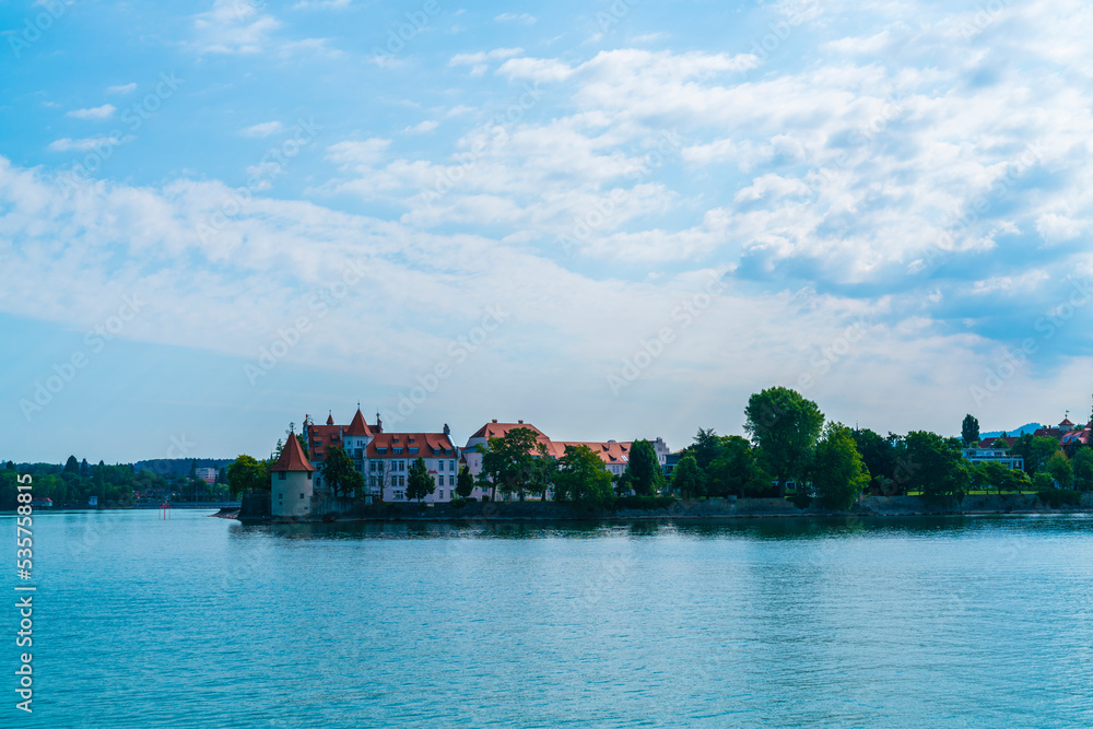 Germany, Bodensee lindau city houses and buildings from waterside, panorama view