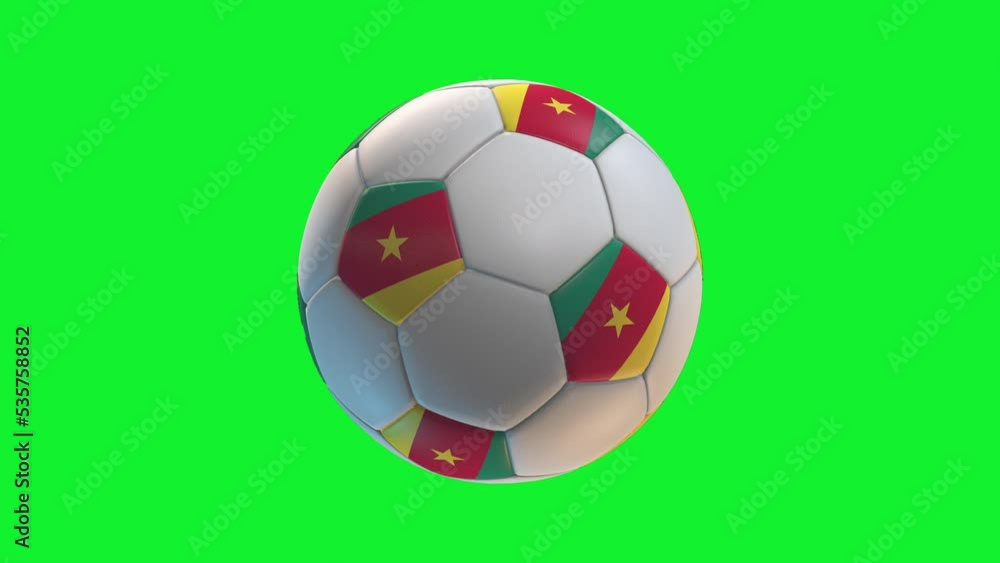 Soccer ball with flag Cameroon, on green screen background loop alpha. 3D Rendering Soccer ball with flag Cameroon, on green screen background loop alpha. 3D Rendering