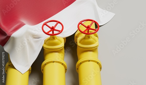 Indonesia flag covering an oil and gas fuel pipe line. Oil industry concept. 3D Rendering