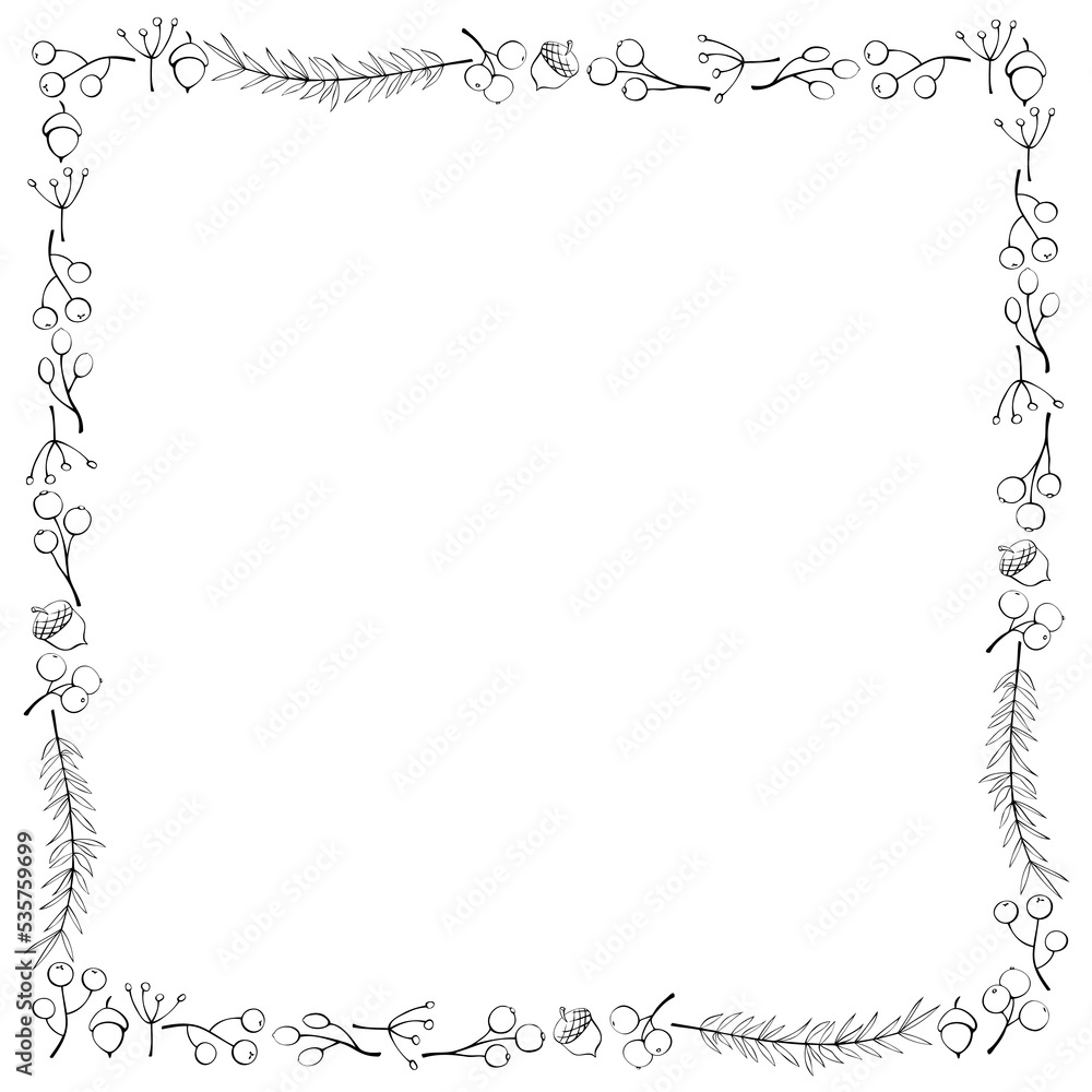Vector square frame made of outline twigs, berries, acorns hand drawn in doodle style. Theme is forest, nature, Christmas, Thanksgiving Vector square frame made of outline twigs, berries, acorns hand drawn in doodle style. Theme is forest, nature, Christmas, Thanksgiving