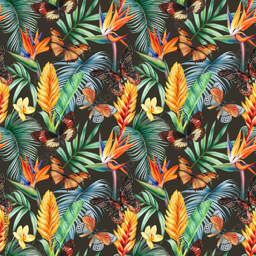 Tropical Seamless pattern. Butterflies, leaves and flowers, floral background. Vintage watercolor style. Flora design.