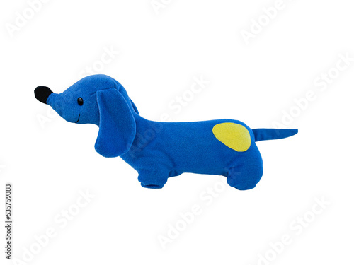 plush toy sideways dachshund dog  blue on a white background