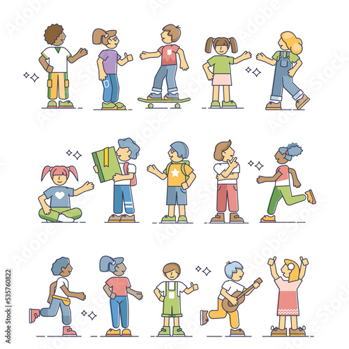 Kids collection set with multiracial children characters outline concept. Happy and young infant elements with isolated standing and active pose examples vector illustration. Different boys and girls.