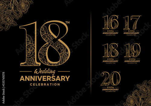 wedding celebration icon logo set decorated with gold color flowers on black background, 16, 17, 18, 19, 20