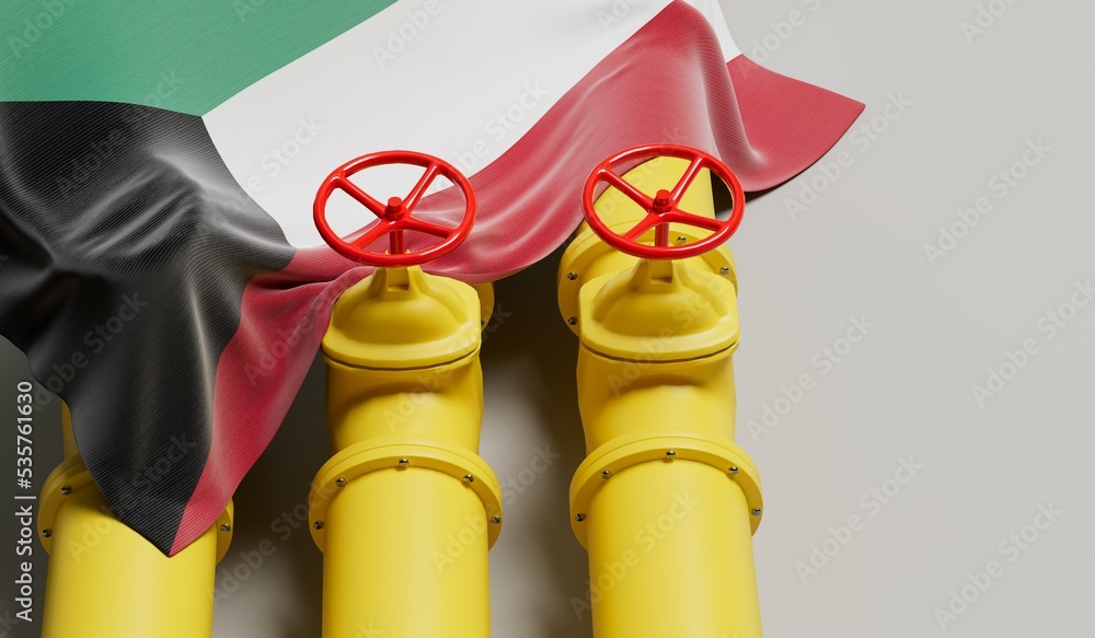 Kuwait flag covering an oil and gas fuel pipe line. Oil industry concept. 3D Rendering