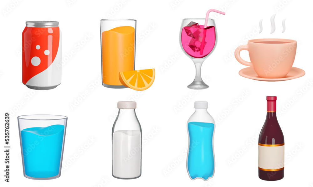 Drinks 3d icon set. Beverages. Soda, juice, alcohol, water, milk etc. Various vessels with