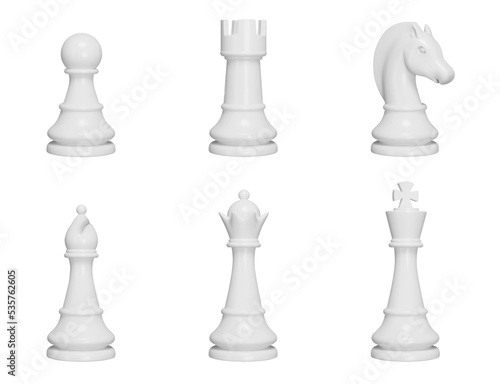 Chess pieces 3d set. White Color. Pawn, king, queen, rook, knight, bishop. Isolated icons, objects on a transparent background