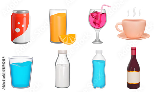 Drinks 3d icon set. Beverages. Soda, juice, alcohol, water, milk etc. Various vessels with liquid. Can, bottle, cup, glass. Isolated icons, objects on a transparent background