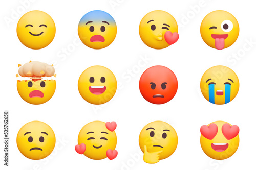 Emoji 3d icon set. Emoticon smile collection. happy, angry, thinks, kiss, explosion, tongue etc. Isolated icons, objects on a transparent background