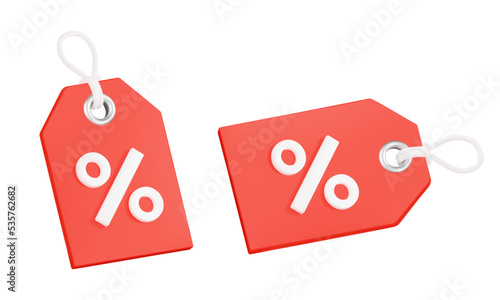 Label 3d. Red label with percent symbol of discount. Promotion. Isolated objects on a transparent background