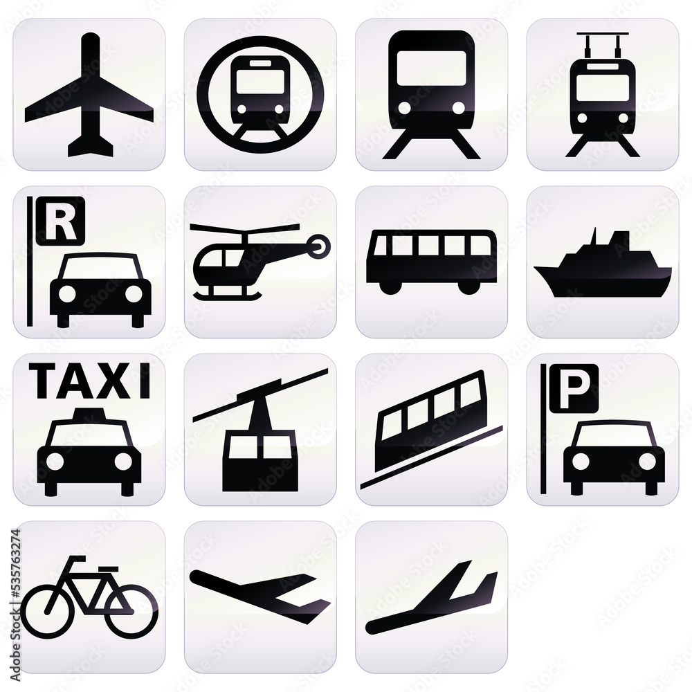 Collection of white and black transport icons with a metallic reflection effect
