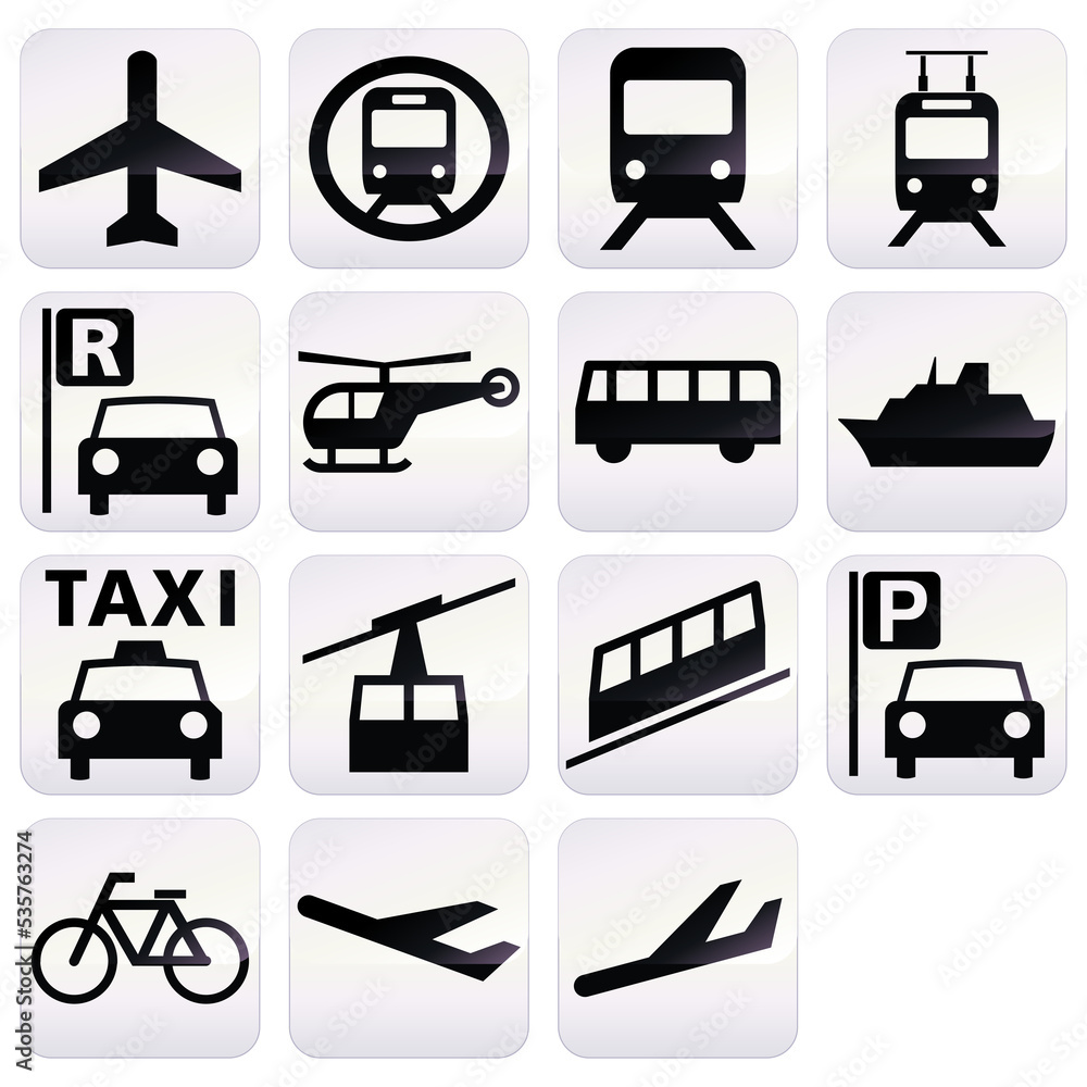 Fototapeta premium Collection of white and black transport icons with a metallic reflection effect