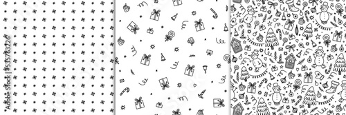 Set of Christmas seamless pattern in doodle style for coloring. Vector illustration for wrapping paper. Suitable for coloring with pencils, felt-tip pens
