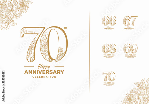 birthday celebration icon logo set decorated with gold color flowers on white background, 66, 67, 68, 69, 70