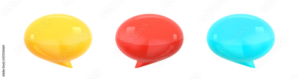 Notification Message Dialog. Set of glossy plastic or rubber speech bubble icon in red, yellow, blue. Realistic cartoon style design. Object isolated on white background. 3D Vector illustration - obrazy, fototapety, plakaty 