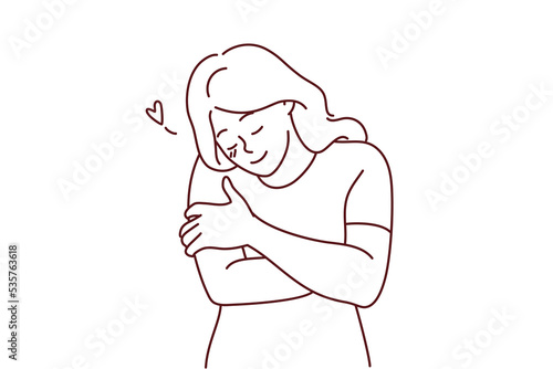 Happy young woman hugging herself show self-love and care. Smiling girl embrace body feeling secure and body positive. Vector illustration. 