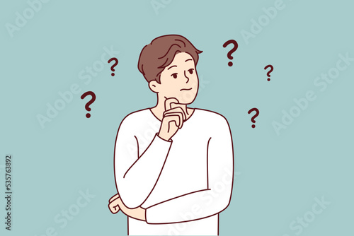 Frustrated young man thinking of problem solution having dilemma. Confused male make decision or plan, consider ideas or solution. Vector illustration. 