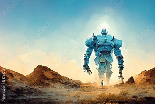 Meeting of man and transformer. Giant robot and people, characters in the desert. Fantasy illustration, digital art photo