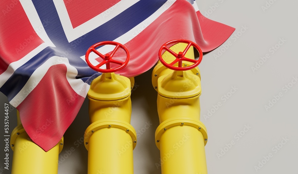 Norway flag covering an oil and gas fuel pipe line. Oil industry concept. 3D Rendering