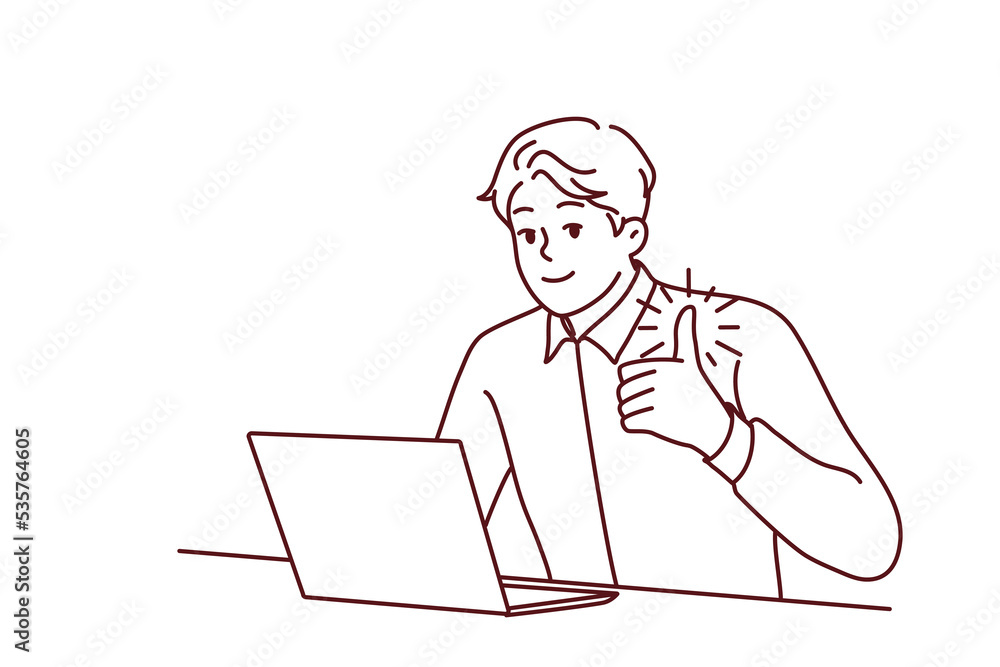 Happy young businessman sit at desk work on laptop show thumb up. Smiling male employee recommend company service. Recommendation. Vector illustration. Happy young businessman sit at desk work on laptop show thumb up. Smiling male employee recommend company service. Recommendation. Vector illustration.