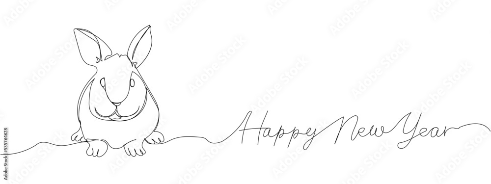 Rabbit, hare and inscription happy new year one line art. Continuous line drawing of new year holidays, christmas, congratulations, weekend, animal, zodiac, symbol of the year, festive atmosphere. Rabbit, hare and inscription happy new year one line art. Continuous line drawing of new year holidays, christmas, congratulations, weekend, animal, zodiac, symbol of the year, festive atmosphere.