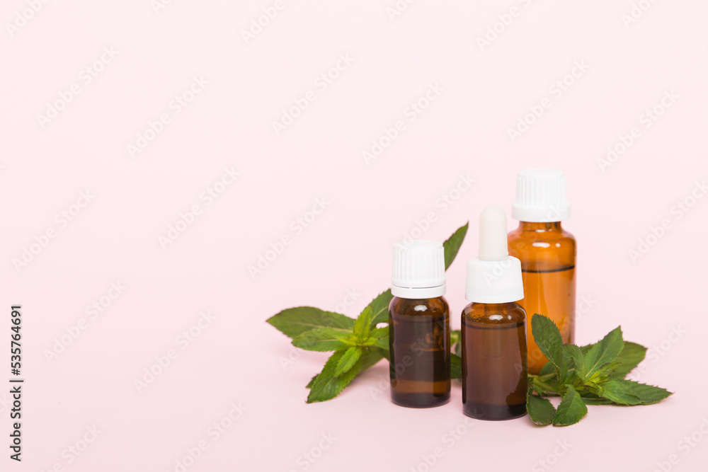 Natural Mint Essential Oil in a Glass Bottle. organic cosmetics with herbal extracts of mint on colored background Natural Mint Essential Oil in a Glass Bottle. organic cosmetics with herbal extracts of mint on colored background