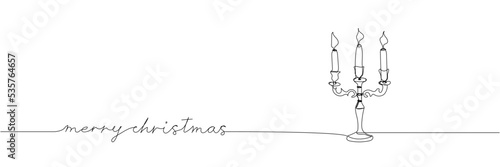 Greetings Merry Christmas with candelabra and candles, lettering one line art. Continuous line drawing of new year holidays, animals, congratulations, weekend, festive atmosphere, handwritten.